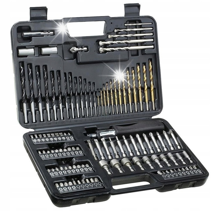Set de unelte DeWalt DT0109, 13 burghie metal, 13 burghie lemn, 5 burghie beton, 50 biti, 10 capete, 1 suport magnetic, 1 surubelnita cu clichet, 1 cutie.