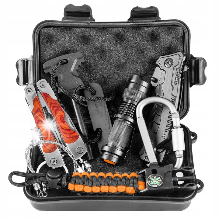 Set de supravietuire 14 in 1, Neo Tools, bratara de supravietuire, cutit, lanterna, geanta cu prindere