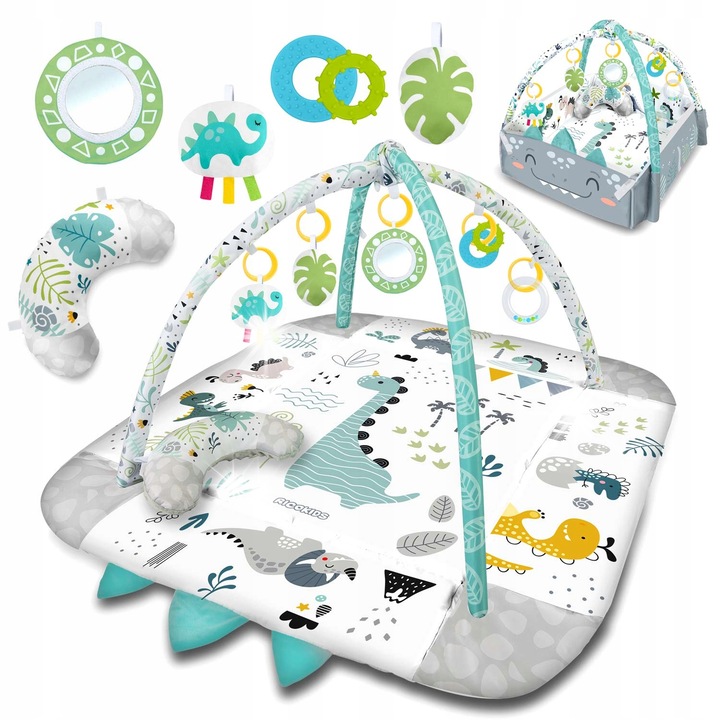 Mata educationala Ricokids, interactiva, 110x100cm, set cu 2 palme si 7 jucarii multifunctionale, multicolor