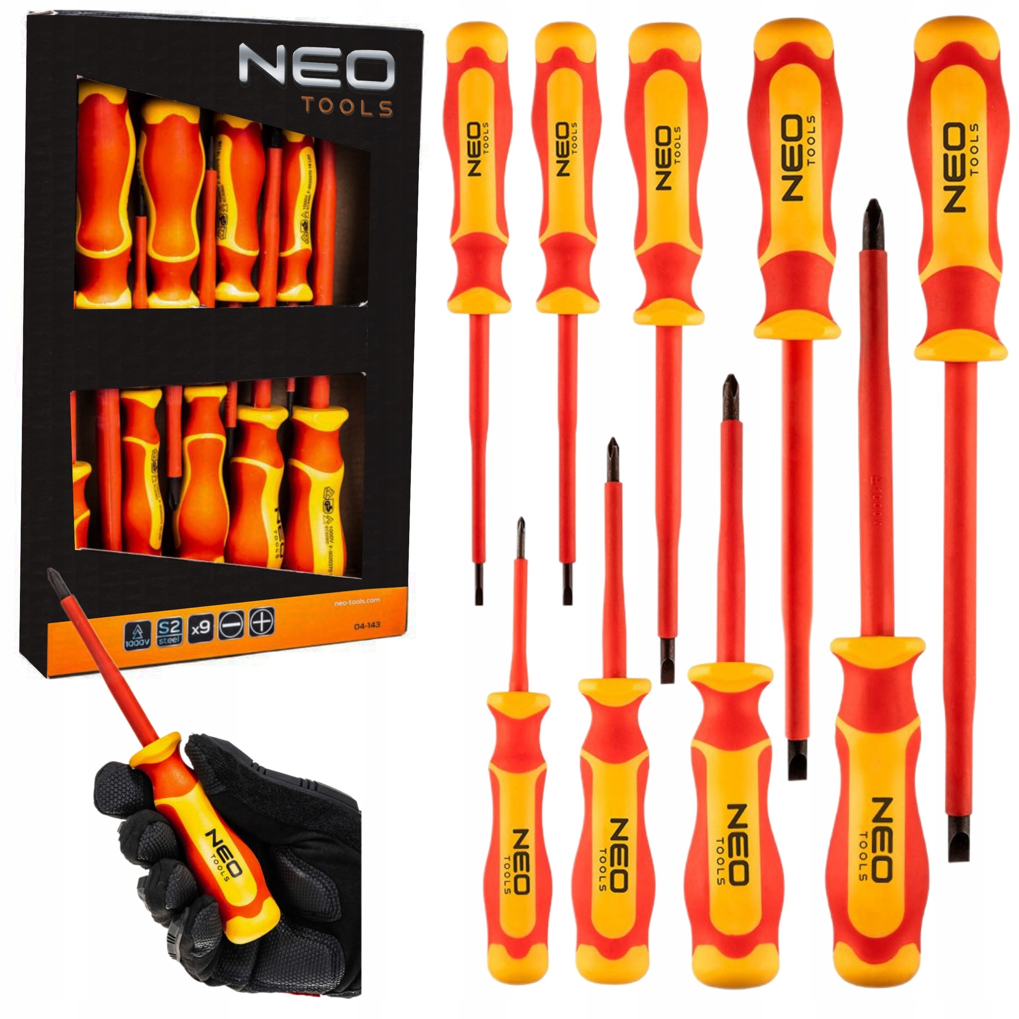 Set surubelnite NEO Tools, 9 piese, tip plat si cruce, din otel S2