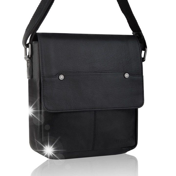 Férfi táska, Betlewski, TBS-307 modell, természetes bőr, fekete, 27x24x9cm, állítható pánt
