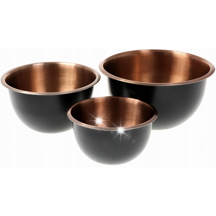 Klausberg 3 részes rozsdamentes acél tálkészlet, 1.6L, 3.0L, 5.0L, matt fekete, réz belsővel