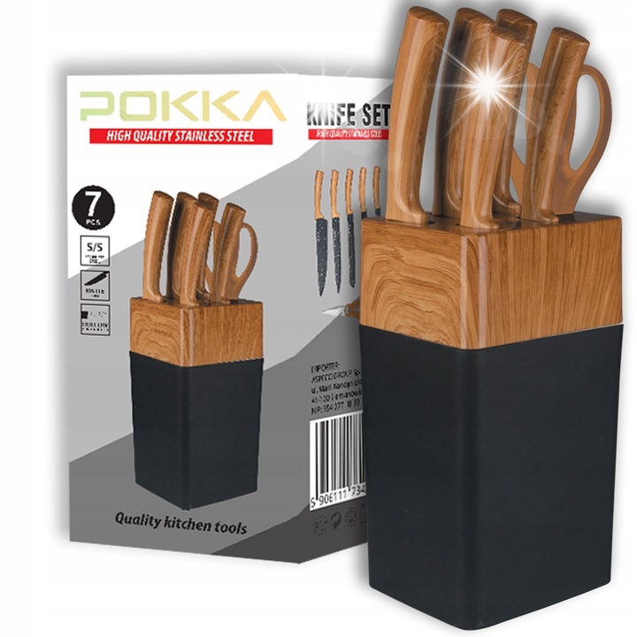 Set de cutite de bucatarie 5 piese, cu bloc si ascutitor, design modern, culoare negru-stejar