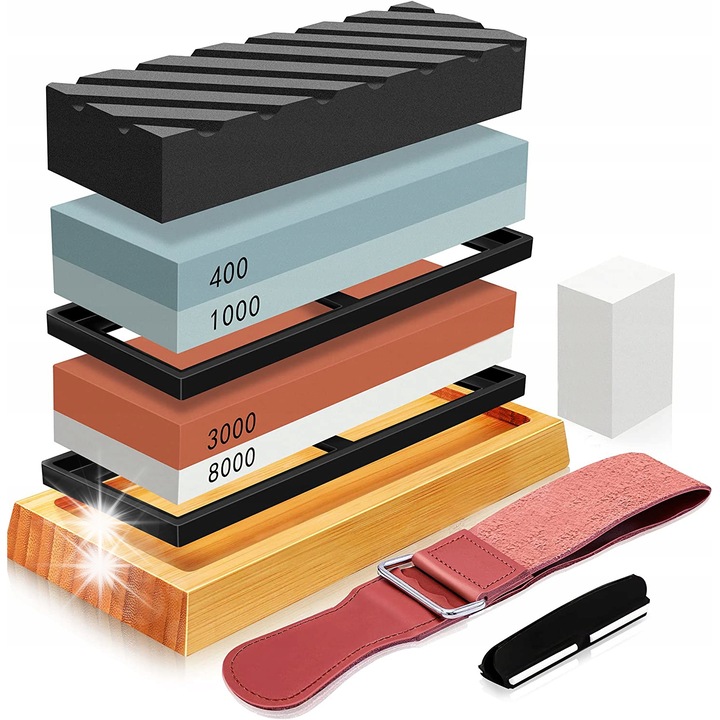Ascutitoare cutite. Pokka, set 4 pietre, suport din bambus, granulatie 400/1000/3000/8000