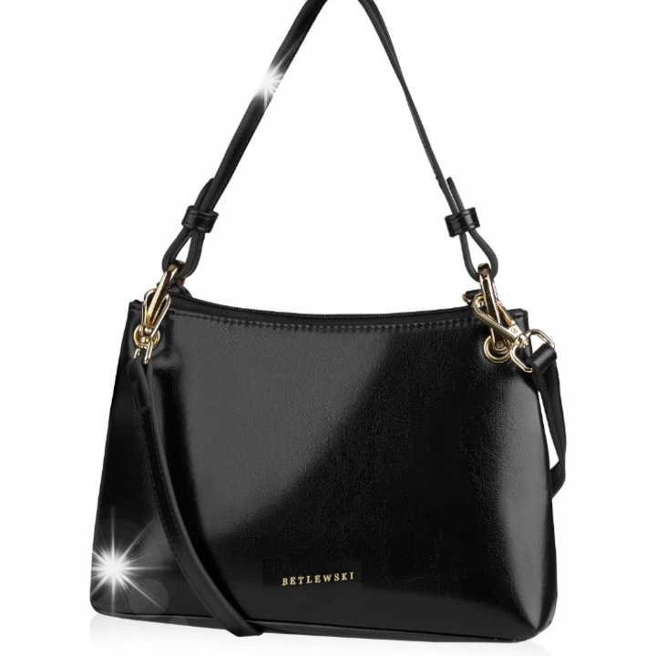 Geanta Dama Betlewski, piele ecologica, neagra, 27x18x5,5cm, doua optiuni de purtare