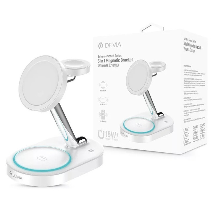Devia Extreme Speed Series 15W Qi 3 în 1 încărcător wireless Smartphone/iWatch/Airpods - alb compatibil