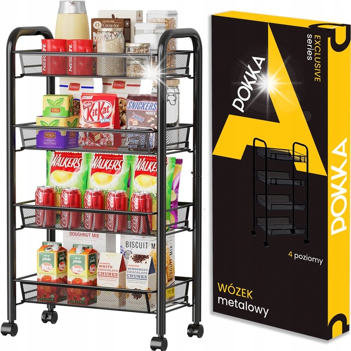 Logic fém gurulós polc, 4 szintes, fekete, 84x44x27cm