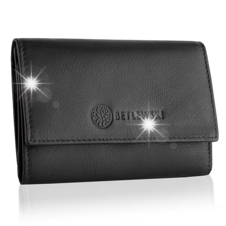 Portofel barbati Betlewski BPD-SS-17, piele naturala, 8 compartimente pentru carduri, negru, 9,5x13,3x2,5cm