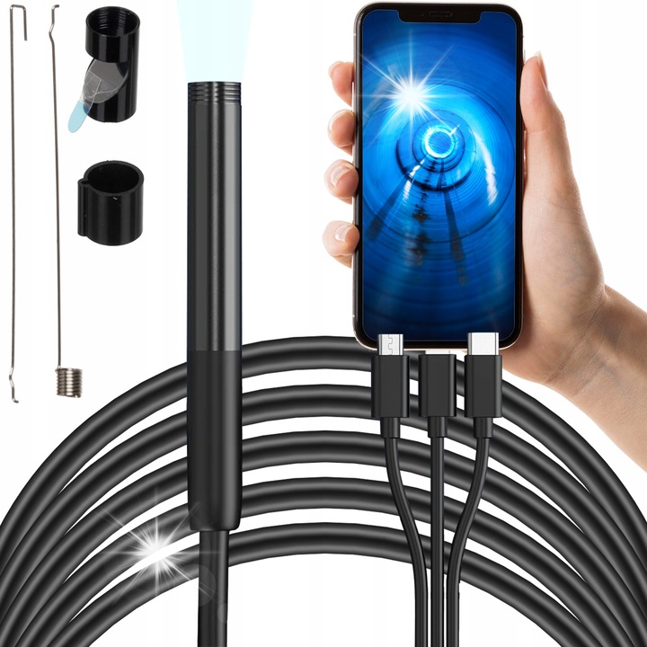 Camera endoscopica BIGSTREN, 2m cablu, 6 LED-uri, 3 capete interschimbabile, 7,9mm, IP67