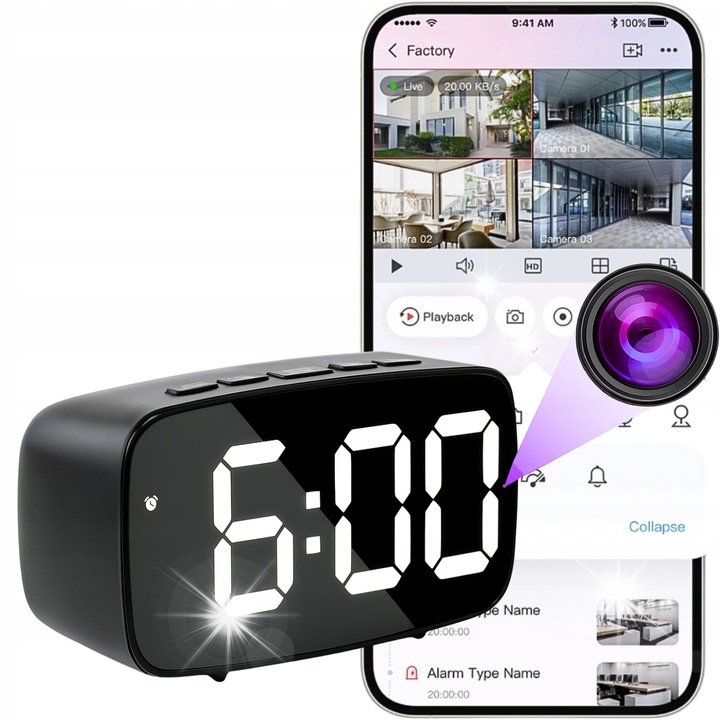 Мини шпионска WiFi камера в будилник SC12, детекция на движение, непрекъснато захранване, 120x60x40mm, пълен комплект
