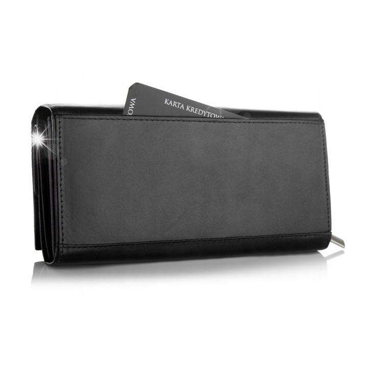 Дамски портфейл Betlewski, естествена кожа, RFID защита, 10 отделения, черен, 12x9x3см