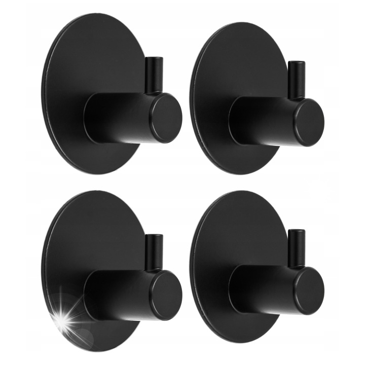 Set 4 suporturi autoadezive pentru prosoape, metalice, negre, 45x45mm