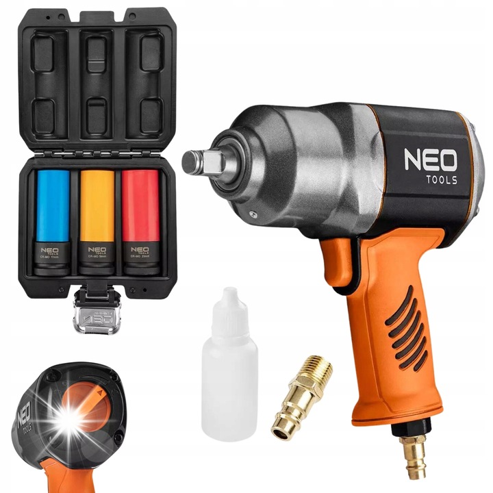 Cheie pneumatica cu impact 1/2" 1300Nm NEO + set 3 nasadki pentru jante aluminiu 17mm, 19mm, 21mm