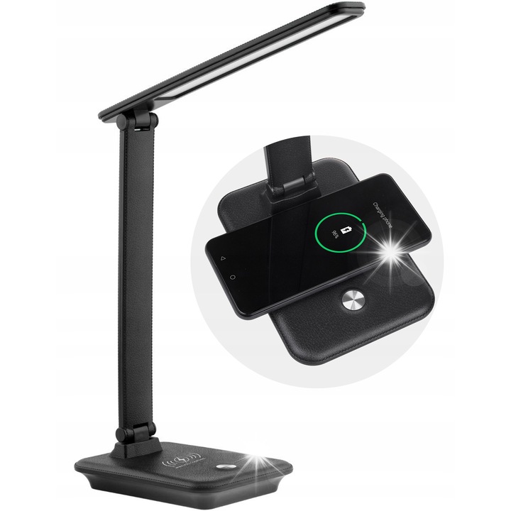 Lampa birou LED cu incarcator Qi Maclean MCE616 B, 9W, 450 lumeni, neagra, set complet