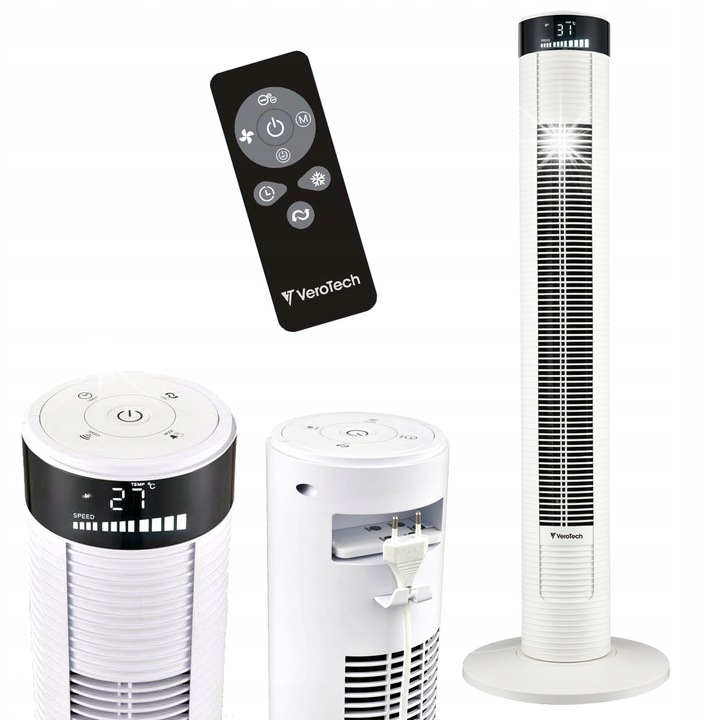 Ventilator coloana Verotech VF-910W, alb, 45W, 4 moduri de functionare, cu telecomanda, 14x14x96cm