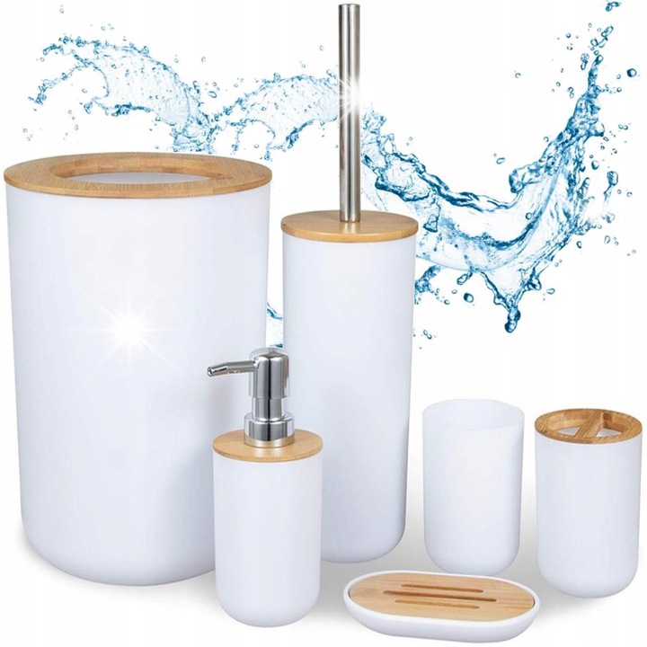 Set accesorii baie 6 elemente, GMM Group, alb mat, bambus natural, design modern