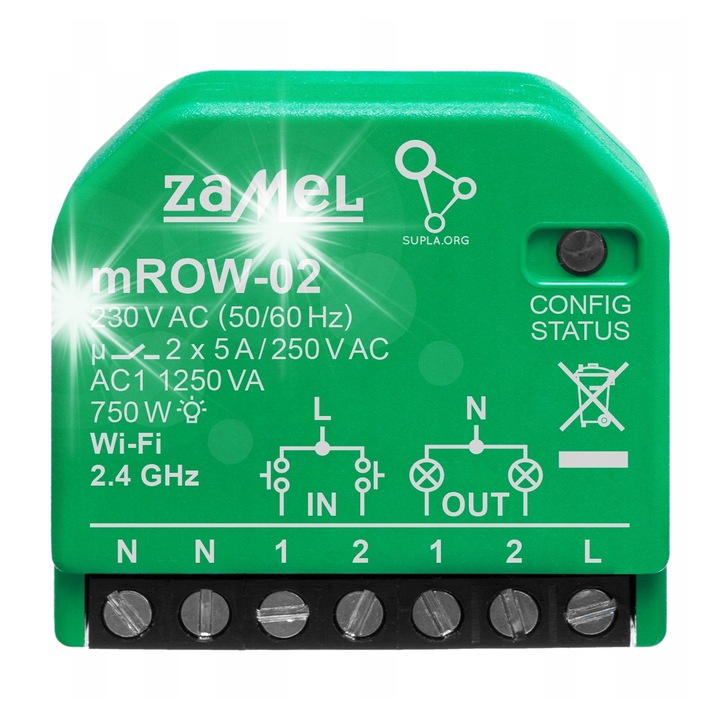 Intelligens kapcsoló, ZAMEL, Wi-Fi 2 csatornás mROW-02 energiafigyelővel, 40x37,5x17mm, 230V AC