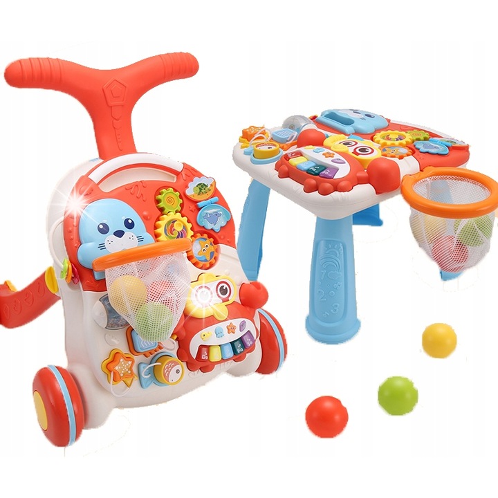 Interaktív járássegítő/2 az 1-ben asztal, Huanger, zongorával, 3 labdával, 47x44x47cm