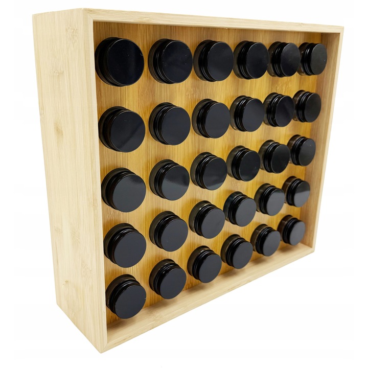 Organizer pentru condimente, POKKA, set 30 borcane din sticla, suport din bambus, 144 etichete, 39,5x25x11cm