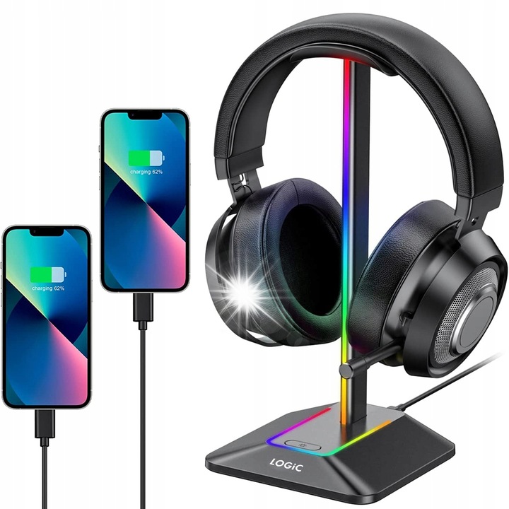 RGB LED fejhallgató tartó, USB HUB, 24,2x11,3x10,8cm, 2 töltőport, 1,5m kábel