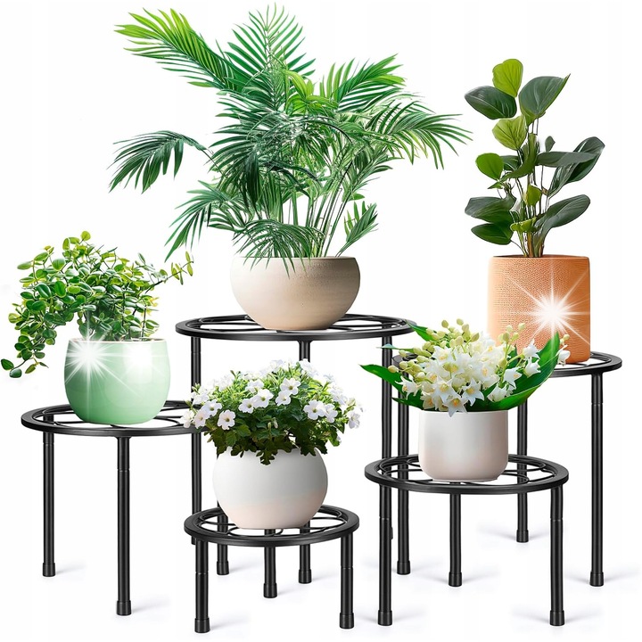 Suport metalic pentru ghivece, 5 niveluri, negru, dimensiuni variate