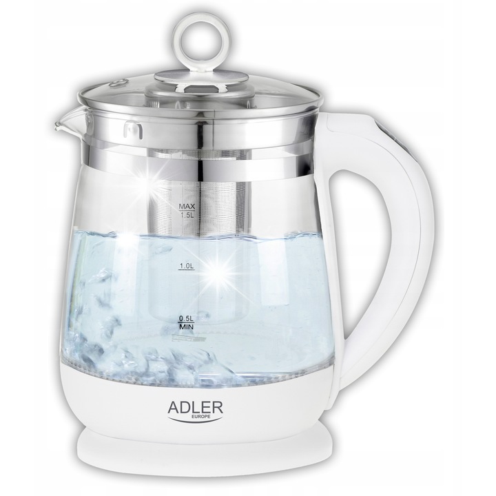 Fierbator electric Adler, model AD 1299, 2200 W, 1,5 L, alb, cu functie de infuzare si reglare temperatura