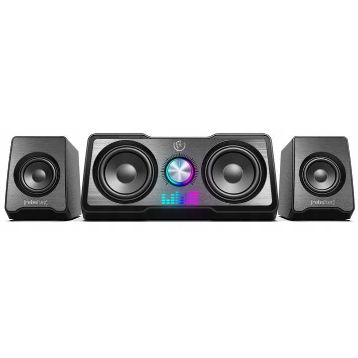 Boxe PC Rebeltec ROCK 2.1, 2.1, subwoofer cu LED RGB, 22W, negru, 234x102x107mm