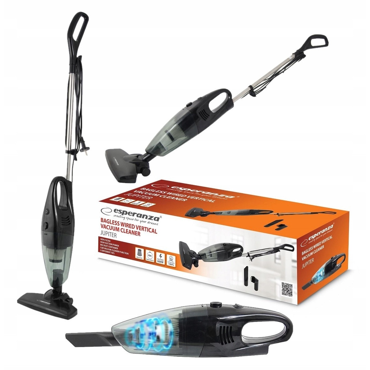Aspirator vertical Esperanza Jupiter, 600W, filtru HEPA, negru, 108x24.5x14cm, set cu accesorii