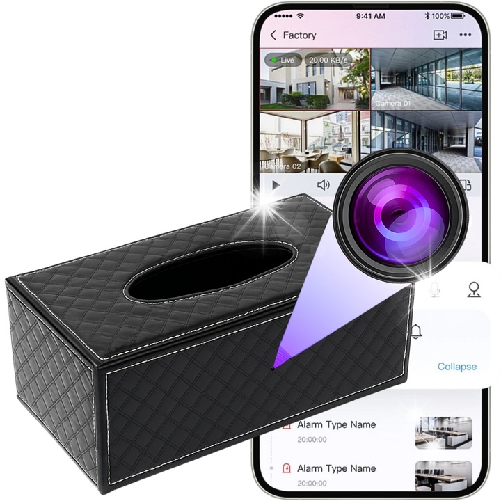 Мини камера WiFi, скрита в държач за салфетки, детекция на движение, 1080p, 255x93mm, пълен комплект