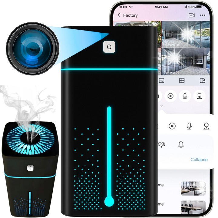 Мини шпионска WiFi камера в овлажнител, детекция на движение, 4K, 1000 мл, 9,5x9,5x23 см