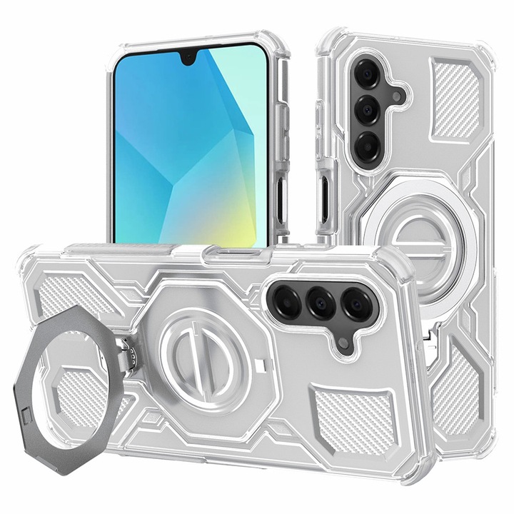 Husa pentru Samsung Galaxy A17 4G / A17 5G Carbon Shield PRO cu inel rotativ 360, compatibil Magsafe, Protectie Antisoc, Calitate Premium, Daden, Alb/Transparent