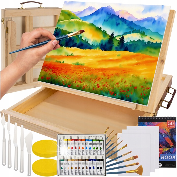 Set de pictura pentru copii MAALEO, 45 de accesorii, valiza cu sevalet, acuarele, 34x26x6,5cm