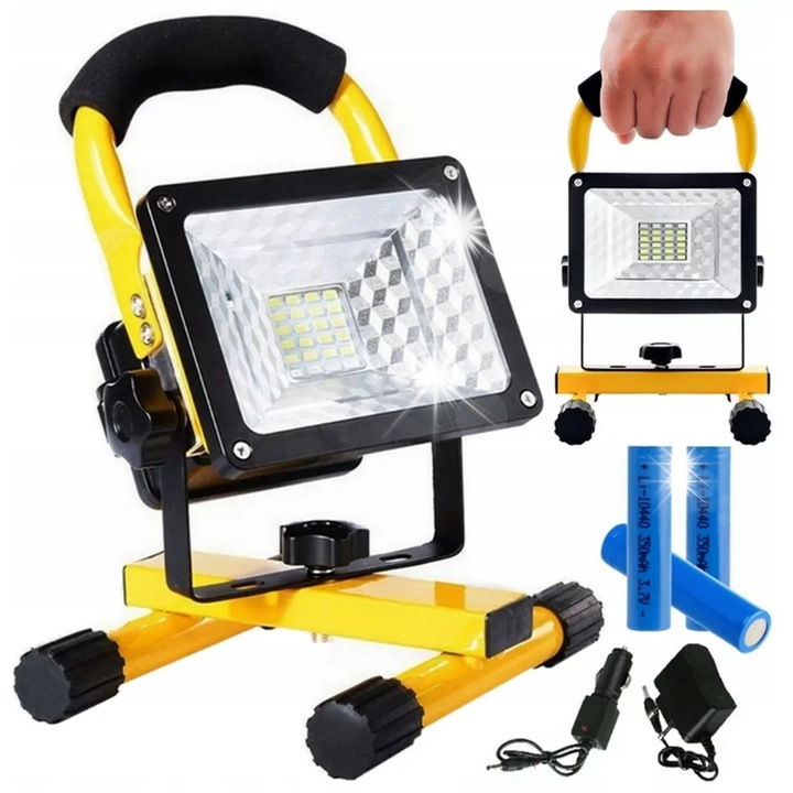 Halogen LED portabil 50W, 3x acumulatori, 2 incarcatoare, negru-galben