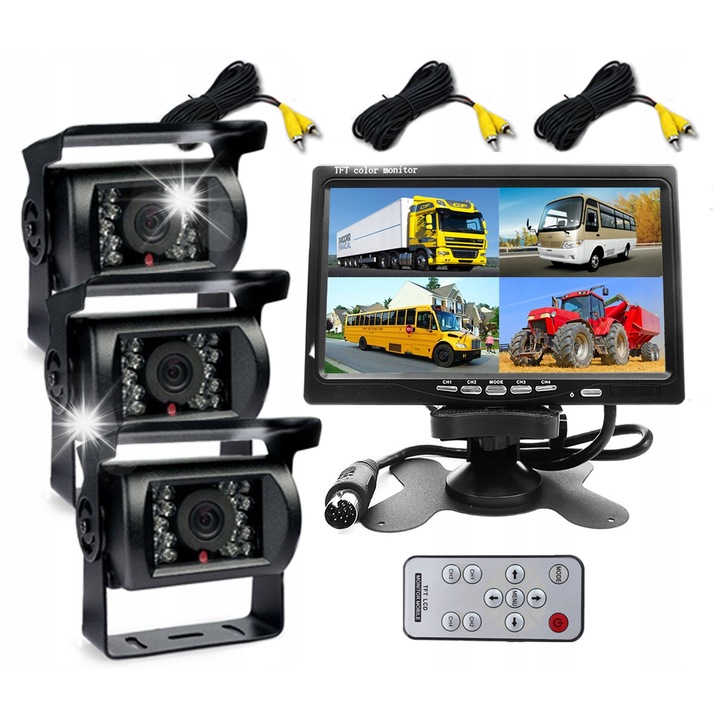 Set 3x camera de marsarier + monitor LCD 9", MBG line, 4 canale, rezistent la apa, alimentare 12-24V