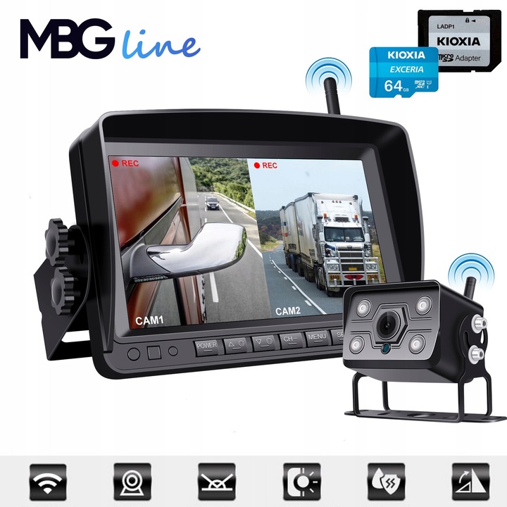 Комплект безжична камера за задно виждане MBG Line, 7" IPS монитор, FHD 1080 камера, 12-36V, 64GB карта