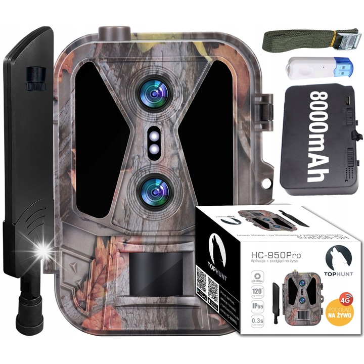 Camera de supraveghere Tophunt HC-950Pro 4K, 4G LTE, cu aplicatie, acumulator 8000mAh, rezistenta la apa