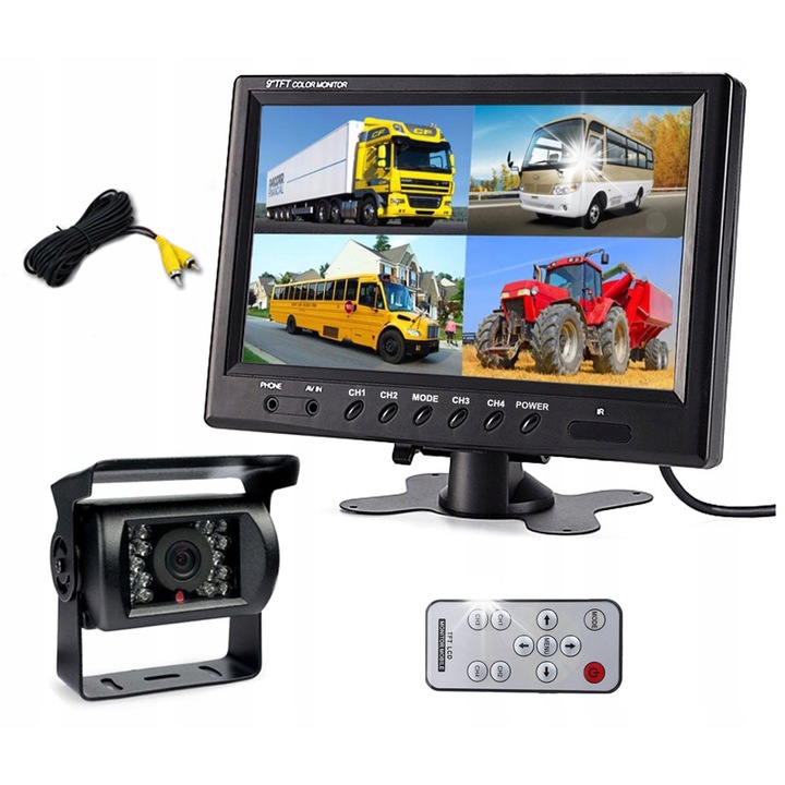 Комплект камера за задно виждане с 9" LCD монитор с 4 канала, MBG Line, водоустойчива, 18 IR светодиода, 12-24V