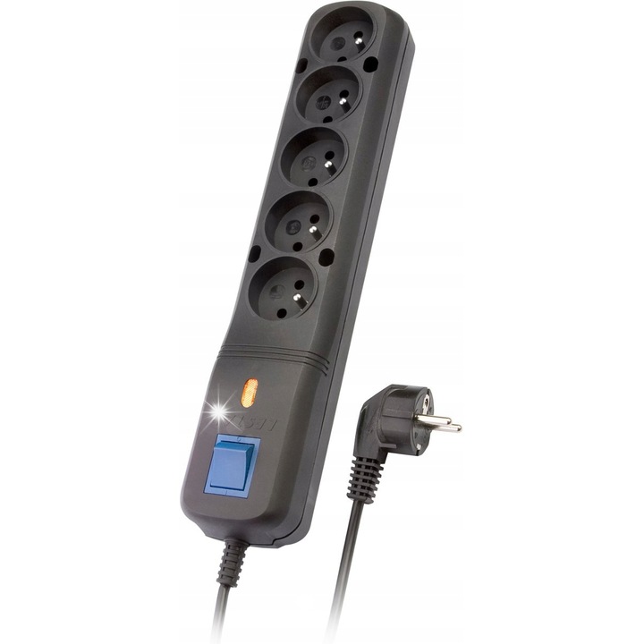 Разклонител Lestar, 5 гнезда, 5м, черен, защита от пренапрежение