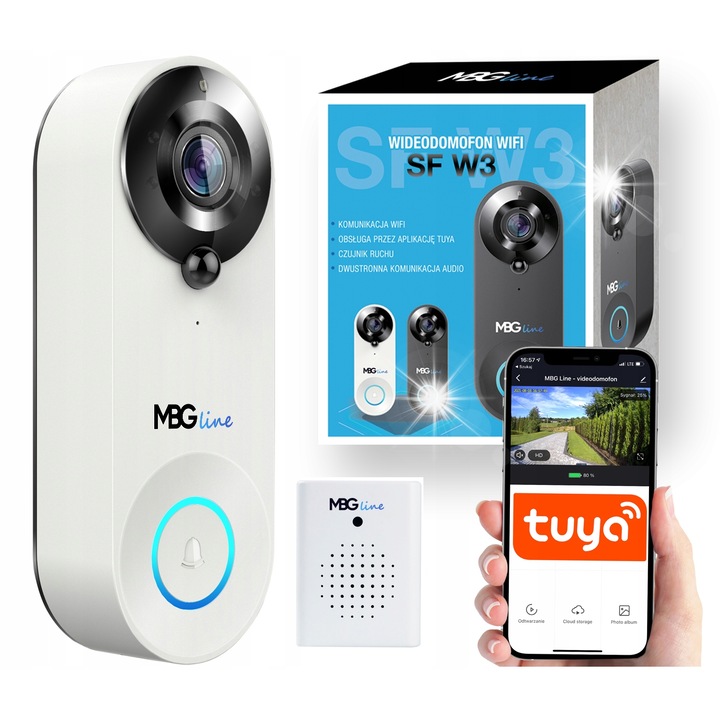 Видеодомофон MBG Line SF W3, Full HD камера, детекция на движение, USB захранване, 32GB, бял
