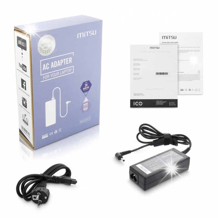 Incarcator laptop Mitsu 19V 3.42A 65W, set cu cablu de alimentare, 4.0x1.35cm