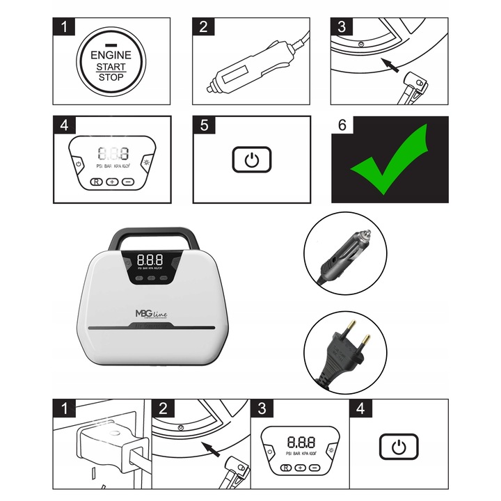 Компресор за кола MBG Line 1866, 12V/230V, 35л/мин, с LED фенер и LCD манометър, пълен комплект с калъф