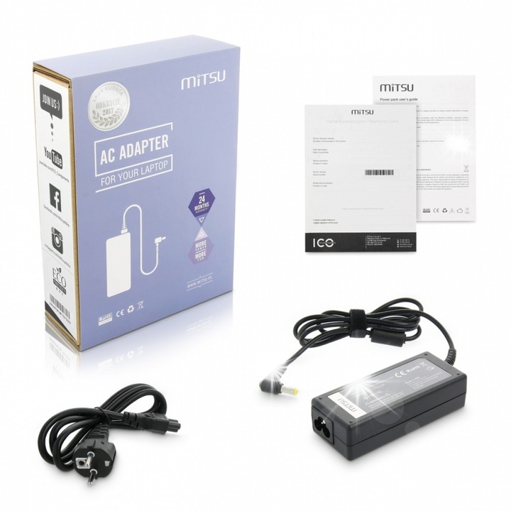 Зарядно за лаптоп Mitsu ZM/ACE19342 19V 3.42A 65W, със захранващ кабел, за Acer, Packard Bell