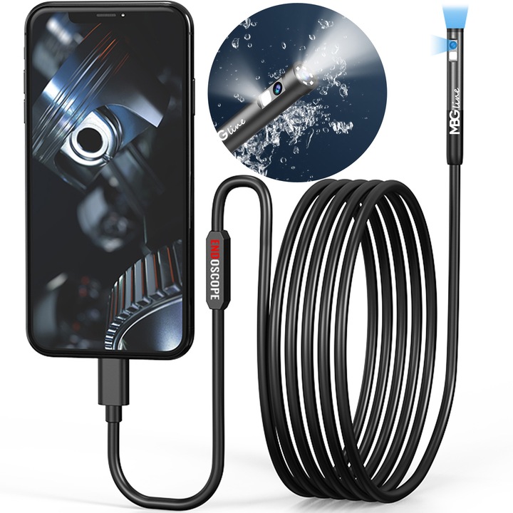 Инспекционна камера/ендоскоп MBG Line Duo Endoskop с две камери, резолюция 2x FHD, Wi-Fi, 2 м кабел, 7 LED, съвместим с iPhone, черен, 1 бр