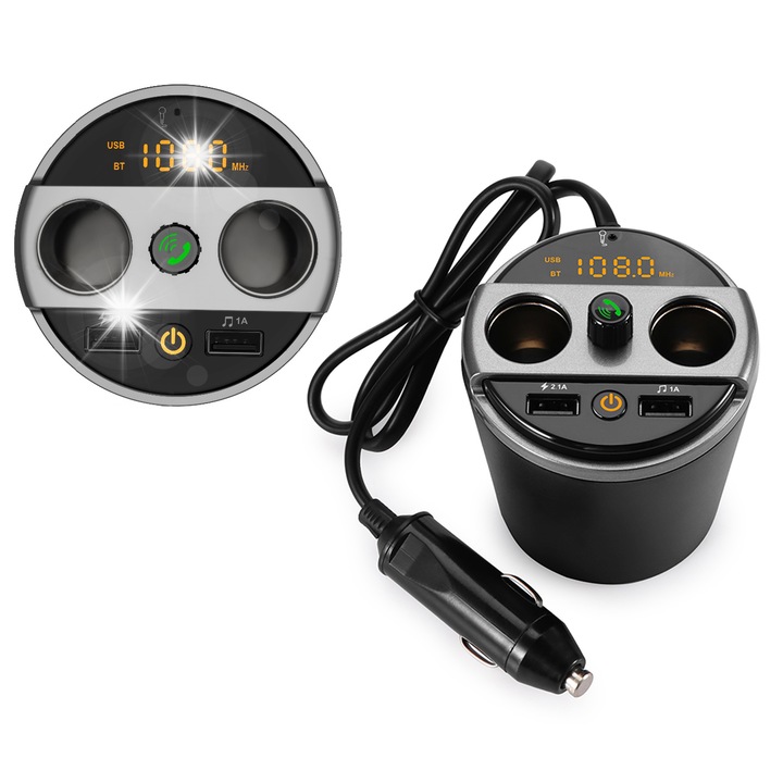 FM transzmitter, luxus, 2x USB-vel, beépített mikrofonnal, 12V-24V, 100W