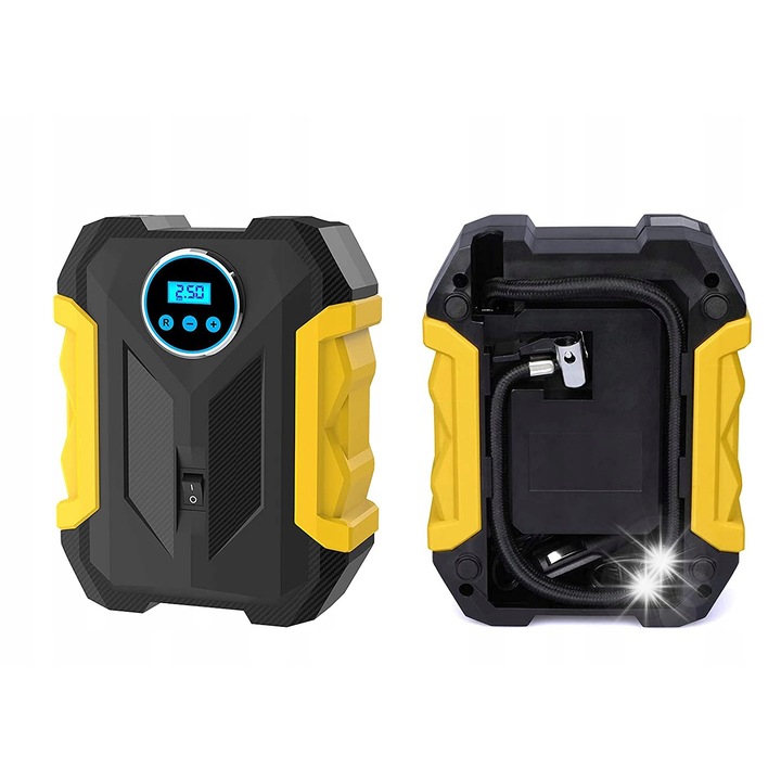 Compresor auto Carsun, 35l/min, 150 PSI, cu lampa LED, set accesorii, 12V, dimensiuni 20x16x6cm