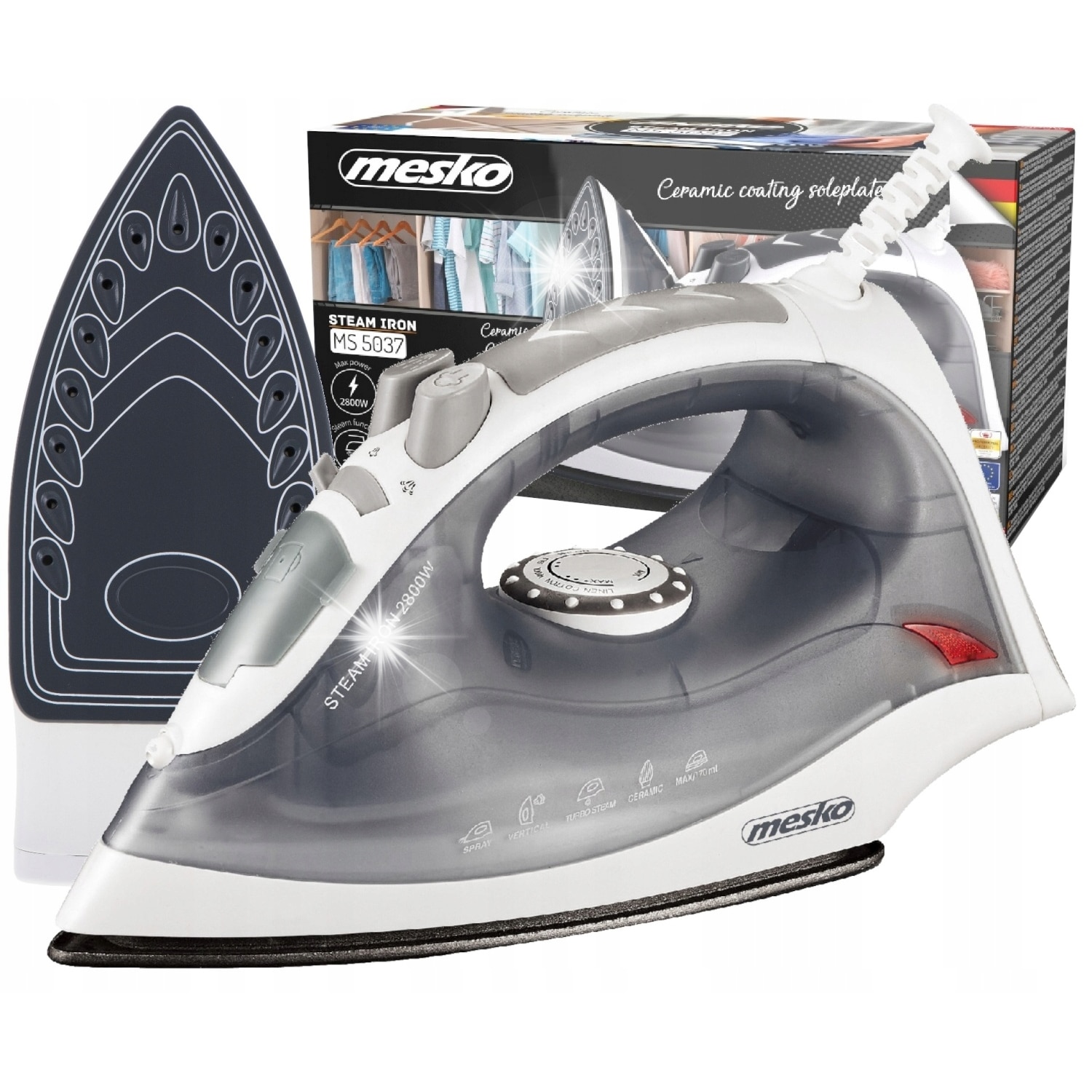 Fier de calcat cu abur Mesko MS 5037, 2800W, ceramica, gri, 26x10.5x14cm