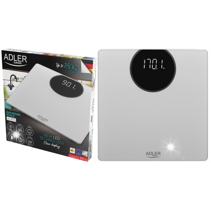 Кантар за тяло Adler, модел AD8175, 180кг, LED дисплей, закалено стъкло, сребрист, 30х30см