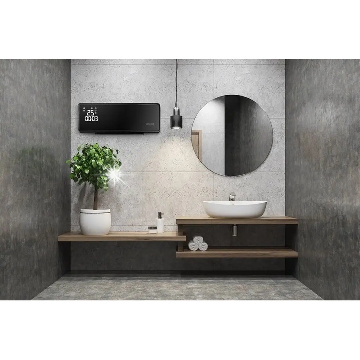 Aeroterma ceramica, Concept QH4001, 2000 W, negru, cu panou din sticla, timer, control de la distanta, dimensiuni 54,2x18,7x12,3 cm