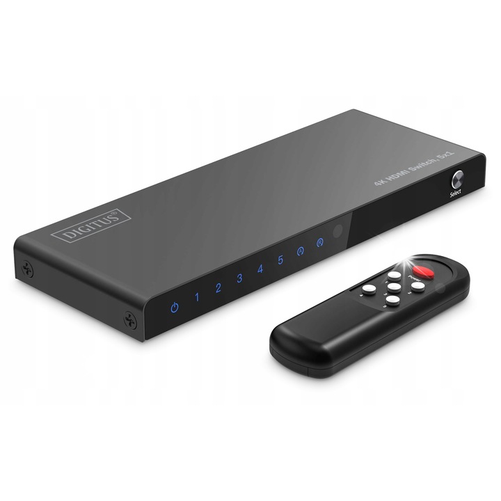 HDMI kapcsoló, Digitus 5x1 4K, 18 Gbps, távirányítóval, 16x6.2x1.4cm