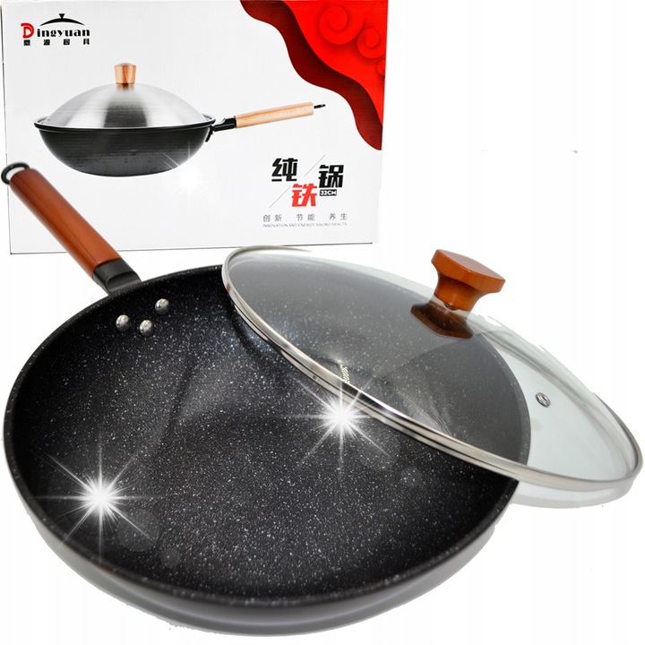 Уок тиган 33см, дълбок, с капак, черен, дървена дръжка